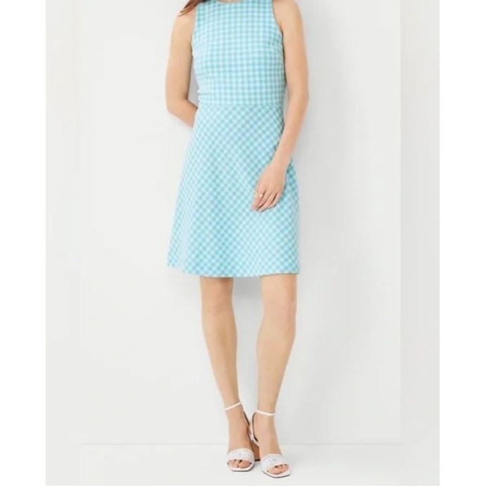 Ann Taylor Dress Womens 0P Petite Blue Gingham Linen Blend Sleeveless A-Line NEW